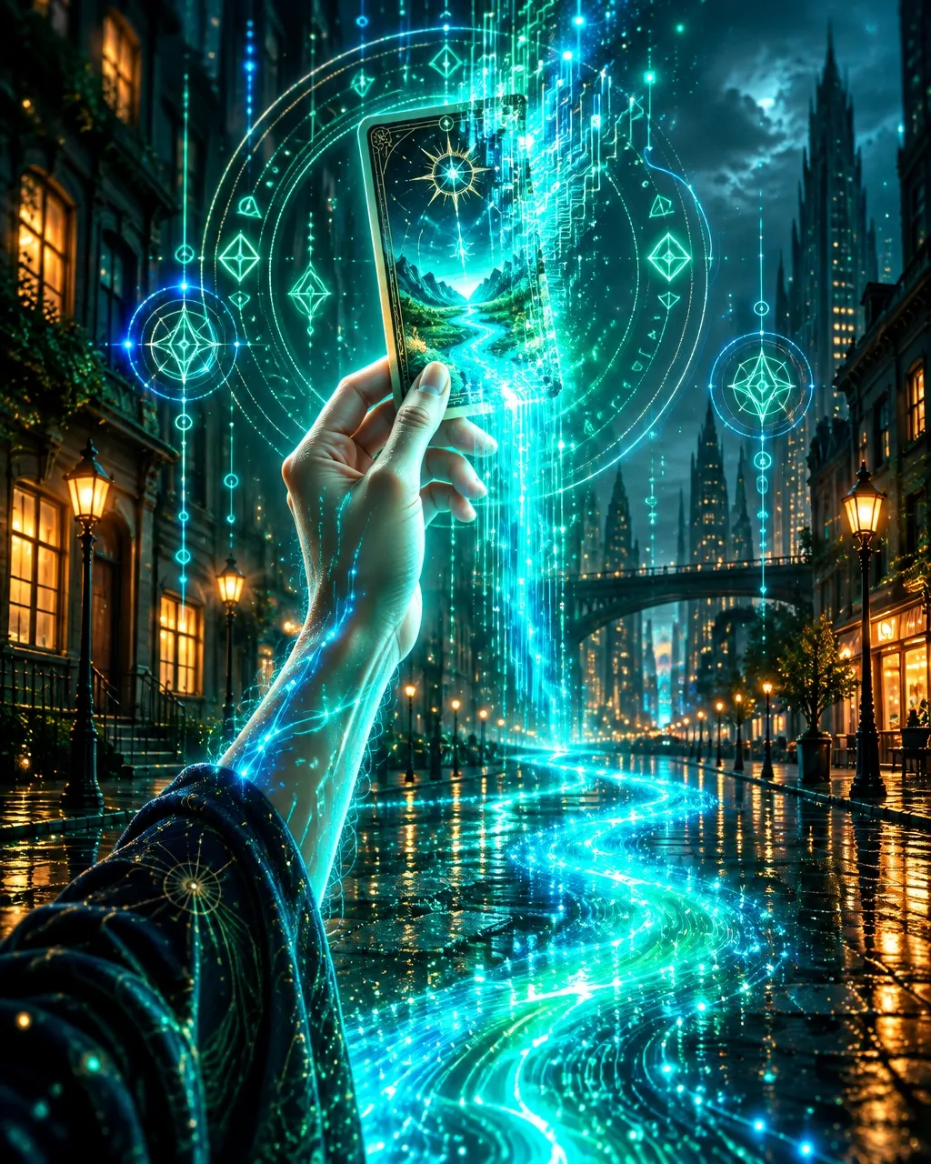 A glowing hand lifts a tarot card into electric aqua circuitry above a rain-slick city street
